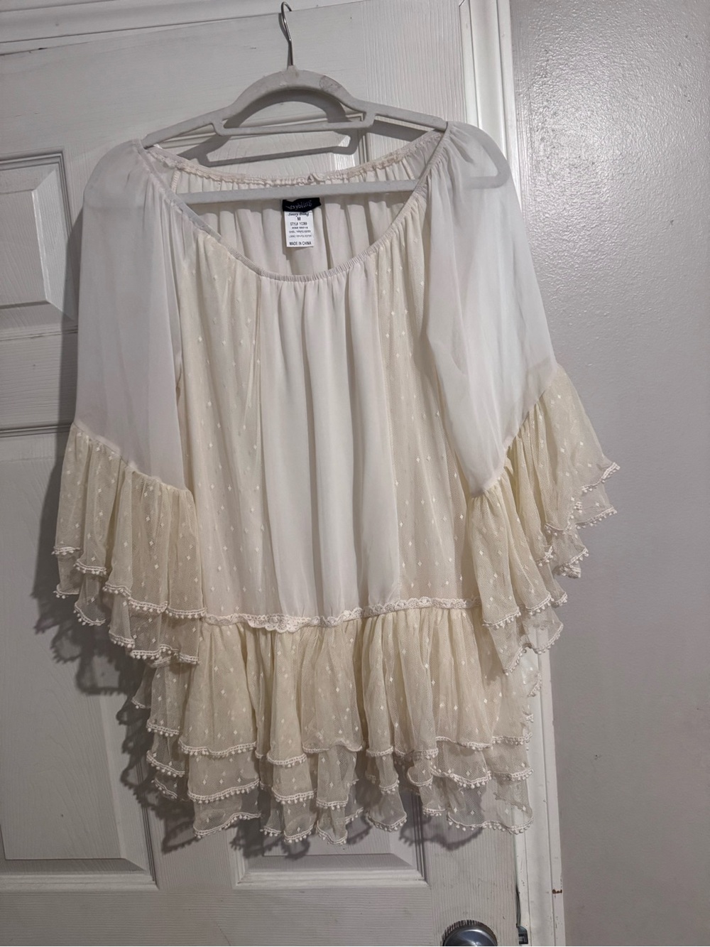 Sheer Cream Ruffled Peasant Tunic Top